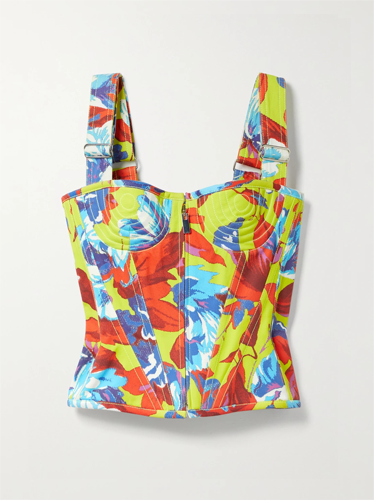 Topstitched Floral-Print Cotton-Twill Bustier Top